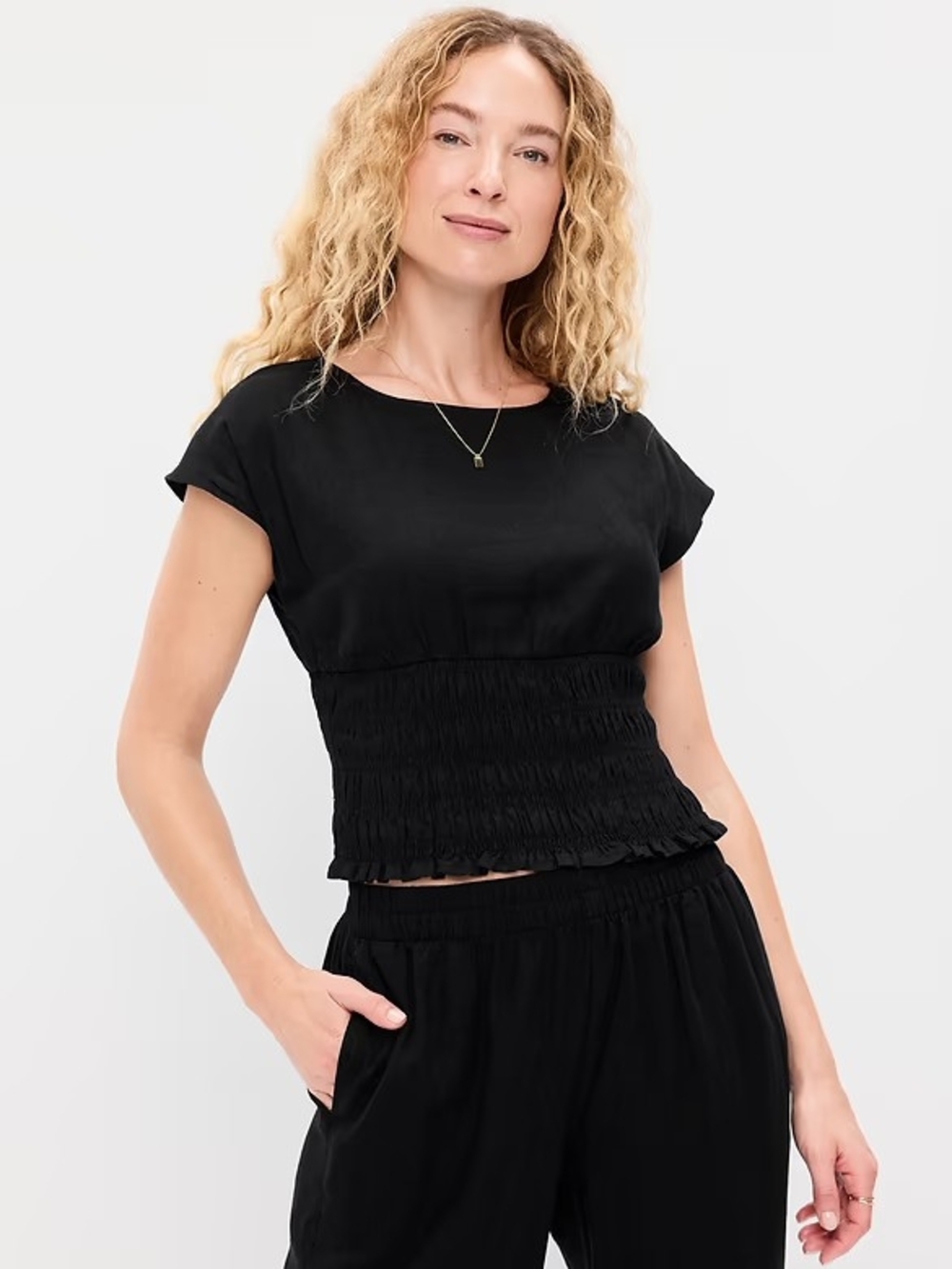 Old Navy Black Smocked Waist Short Sleeve Top